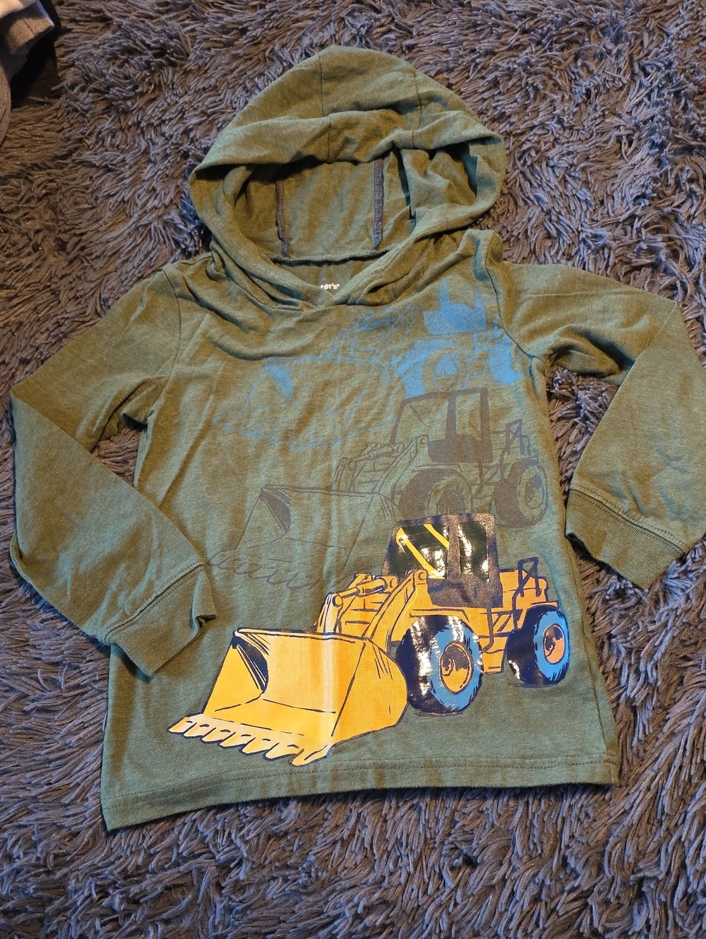Carter's Green Hooded Long Sleeve Tee with Yellow Bulldozer Print